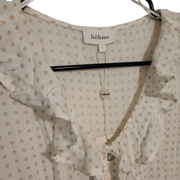 Bohme Ruffle Neck Polka Dot Flutter Sleeve Button Front Boho Midi Dress, L NEW - Picture 7 of 16